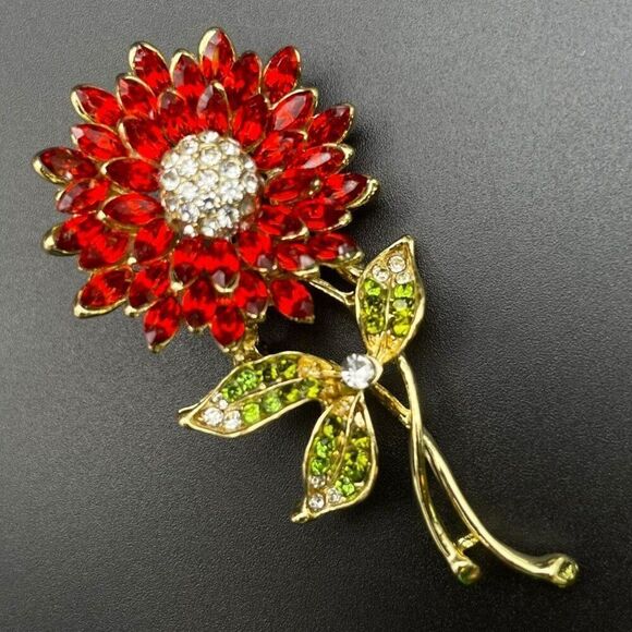 Yellow Gold with Ruby Red and Emerald Crystal Stemmed Sunflower Pin Back Brooch - Picture 1 of 7